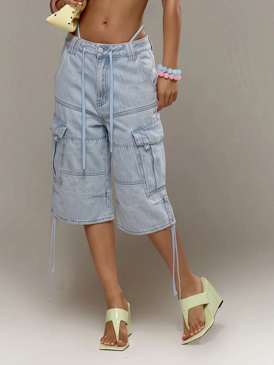 MUSERA Pink Low Rise Cargo Shorts Jorts Baggy Short Adustable Waist Spring Summer Holiday Vacation Ibiza - Baby Blue - View 1