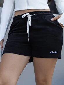 Andrea Bello Women's Sport Flannelette Summer Embroidery Black Shorts Fall - Black - View 6
