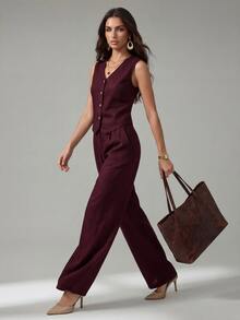 SHEIN Tall 1套深紫色女款秋季優雅通勤兩件式套裝，純色V領前扣無袖上衣搭配長褲，休閒梅紅色酒紅褲裝，適合高個女性 - 中紫紅色 - 查看 5