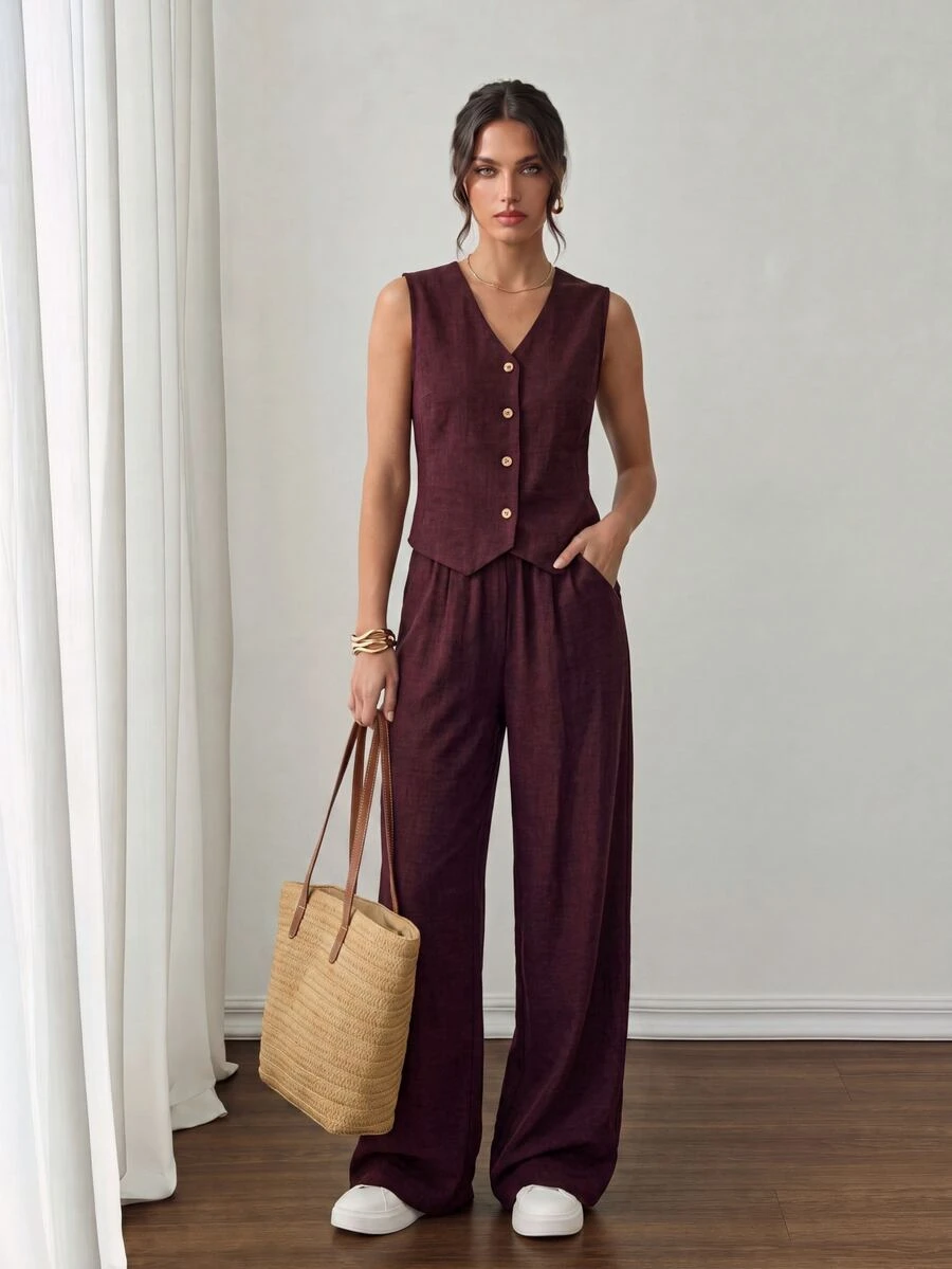 SHEIN Tall 1套深紫色女款秋季優雅通勤兩件式套裝,純色V領前扣無袖上衣搭配長褲,休閒梅紅色酒紅褲裝,適合高個女性 - 中紫紅色 - 查看 1