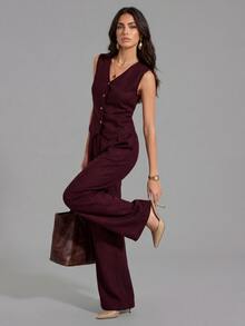 SHEIN Tall 1套深紫色女款秋季優雅通勤兩件式套裝，純色V領前扣無袖上衣搭配長褲，休閒梅紅色酒紅褲裝，適合高個女性 - 中紫紅色 - 查看 4