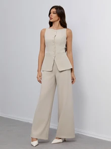 SHEIN Tall 米色夏季優雅女款圓領單排扣背心與長褲套裝，通勤上班商務休閒兩件式西裝套裝，適合高個女性 - 杏色 - 查看 7