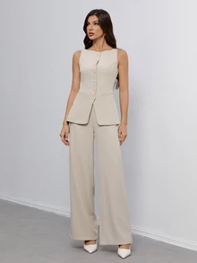 SHEIN Tall 米色夏季優雅女款圓領單排扣背心與長褲套裝，通勤上班商務休閒兩件式西裝套裝，適合高個女性 - 杏色 - 查看 6