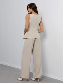 SHEIN Tall 米色夏季優雅女款圓領單排扣背心與長褲套裝，通勤上班商務休閒兩件式西裝套裝，適合高個女性 - 杏色 - 查看 2