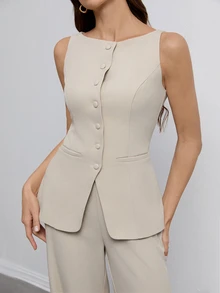 SHEIN Tall 米色夏季優雅女款圓領單排扣背心與長褲套裝，通勤上班商務休閒兩件式西裝套裝，適合高個女性 - 杏色 - 查看 5