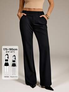 SHEIN Tall 女款純色低腰休閒長褲，黑色度假風夏季度假穿搭，適合高個女生 - 黑色 - 查看 8