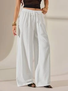 SHEIN Tall 2026女款春夏度假系列：新款白色100%純棉寬鬆抽繩腰長褲，水洗棉面料，適合居家休閒、日常跑腿、海灘出遊、時尚穿搭與休閒穿著，適合高個女性 - 白色 - 查看 8