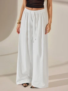 SHEIN Tall 2026女款春夏度假系列：新款白色100%純棉寬鬆抽繩腰長褲，水洗棉面料，適合居家休閒、日常跑腿、海灘出遊、時尚穿搭與休閒穿著，適合高個女性 - 白色 - 查看 10
