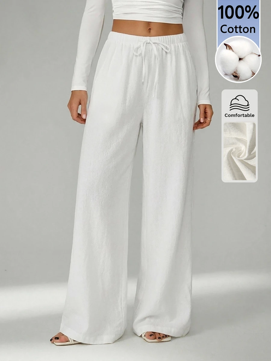 SHEIN Tall Loose Drawstring Waist Trousers In Textured Crinkle Fabric, Tall Women Beach White Autumn Casual - White - View 1