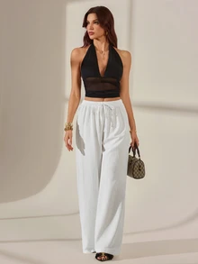 SHEIN Tall 2026女款春夏度假系列：新款白色100%純棉寬鬆抽繩腰長褲，水洗棉面料，適合居家休閒、日常跑腿、海灘出遊、時尚穿搭與休閒穿著，適合高個女性 - 白色 - 查看 9