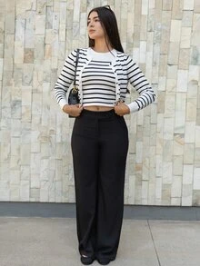 Andrea Bello Women's Black And White Striped Two-Piece Sweater Sets,Office Business Work Clothes Fall - Black and White - View 4