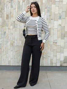 Andrea Bello Women's Black And White Striped Two-Piece Sweater Sets,Office Business Work Clothes Fall - Black and White - View 1
