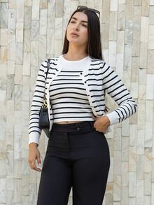 Andrea Bello Women's Black And White Striped Two-Piece Sweater Sets,Office Business Work Clothes Fall - Black and White - View 3