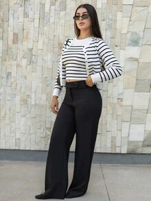 Andrea Bello Women's Black And White Striped Two-Piece Sweater Sets,Office Business Work Clothes Fall - Black and White - View 5