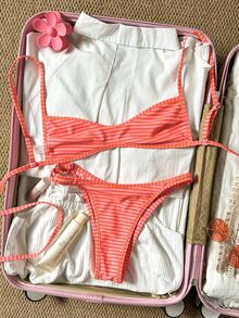 SHEIN Swim 女士沙滩套装，橙色花卉条纹双面印花，可翻转的超迷你比基尼抹胸上衣，时尚休闲度假可爱性感女士泳装套装 - 彩色 - 查看 6
