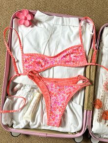 SHEIN Swim 女士沙滩套装，橙色花卉条纹双面印花，可翻转的超迷你比基尼抹胸上衣，时尚休闲度假可爱性感女士泳装套装 - 彩色 - 查看 3