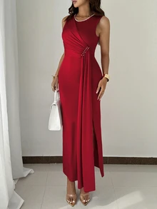 Rafferiza 女士优雅派对串珠无袖连衣裙，夏季长款晚礼服正式礼服 - 酒紅色 - 查看 6