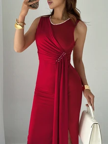 Rafferiza 女士优雅派对串珠无袖连衣裙，夏季长款晚礼服正式礼服 - 酒紅色 - 查看 4