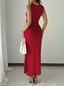 Rafferiza 女士优雅派对串珠无袖连衣裙，夏季长款晚礼服正式礼服 - 酒紅色 - 查看 2