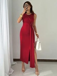 Rafferiza 女士优雅派对串珠无袖连衣裙，夏季长款晚礼服正式礼服 - 酒紅色 - 查看 8