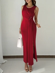 Rafferiza 女士优雅派对串珠无袖连衣裙，夏季长款晚礼服正式礼服 - 酒紅色 - 查看 3