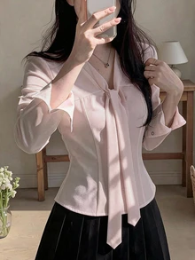 DAZY 女款純色長袖前綁帶單排扣襯衫 - 粉色 - 查看 1