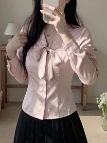 DAZY 女款純色長袖前綁帶單排扣襯衫 - 粉色 - 查看 7