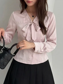 DAZY 女款純色長袖前綁帶單排扣襯衫 - 粉色 - 查看 5