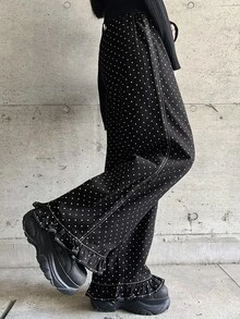 FRIFUL Women's Polka Dot Pattern Ruffle Hem Loose Fit Jeans - Black - View 6