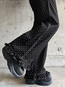 FRIFUL Women's Polka Dot Pattern Ruffle Hem Loose Fit Jeans - Black - View 7