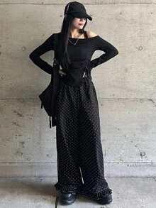 FRIFUL Women's Polka Dot Pattern Ruffle Hem Loose Fit Jeans - Black - View 3
