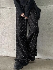 FRIFUL Women's Polka Dot Pattern Ruffle Hem Loose Fit Jeans - Black - View 5