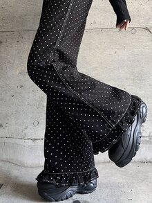 FRIFUL Women's Polka Dot Pattern Ruffle Hem Loose Fit Jeans - Black - View 1