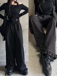 FRIFUL Women's Polka Dot Pattern Ruffle Hem Loose Fit Jeans - Black - View 2