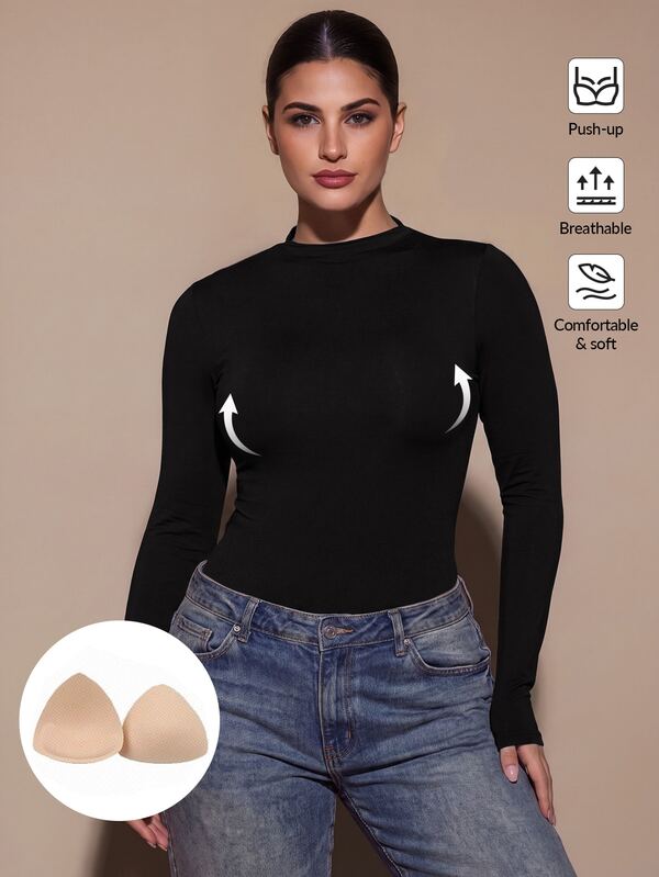 SHEIN BAE CURVE بودي سوت نسائي مقاس كبير باللون الأسود بأكمام طويلة وياقة وهمية ضيق، بودي سوت أنيق متعدد الاستخدامات، بودي سوت طبقة أساسية