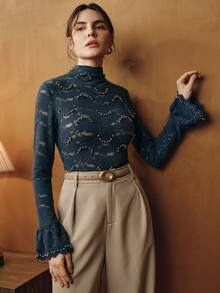 Anewsta Elegant Pearl Lace Blouse With Flared Sleeves Women's T-Shirt - Royal Blue - View 5