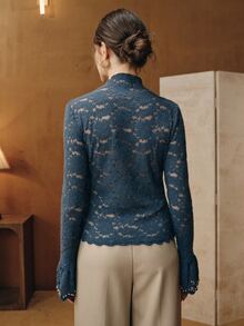 Anewsta Elegant Pearl Lace Blouse With Flared Sleeves Women's T-Shirt - Royal Blue - View 3