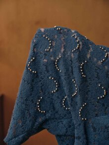 Anewsta Elegant Pearl Lace Blouse With Flared Sleeves Women's T-Shirt - Royal Blue - View 9