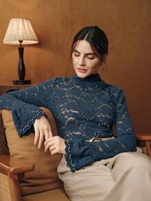 Anewsta Elegant Pearl Lace Blouse With Flared Sleeves Women's T-Shirt - Royal Blue - View 7