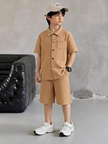 SHEIN 2pcs/Set Tween Boy Casual Shirt + Shorts Basic Outfit, Spring/Summer - Brown - View 1