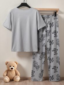 男孩新款圓領短袖與長褲寬鬆居家服套裝，淺灰色底色配橘黃色老虎與黑色輪廓的卡通老虎印花，滿版老虎圖案，針織彈性面料，舒適柔軟，2件式居家與休閒穿著睡衣套裝 - 灰色 - 查看 2