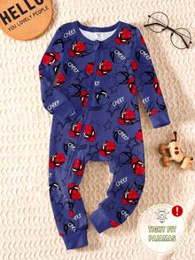 男嬰簡單時尚酷感經典休閒日常舒適親膚針織高彈力緊身面料藍紅配色面具卡通塗鴉印花卡通圖案圓領長袖長褲高彈力面料緊身設計拉鍊舒適居家服 - 彩色 - 查看 4