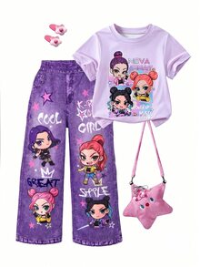 SHEIN 女童2件式T恤套裝，紫色短袖圓領T恤配可愛卡通動漫印花，仿牛仔印花直筒長褲附口袋，夏季兒童時尚套裝，充滿活力夏日氛圍，適合旅行與上學穿著 - 彩色 - 查看 1