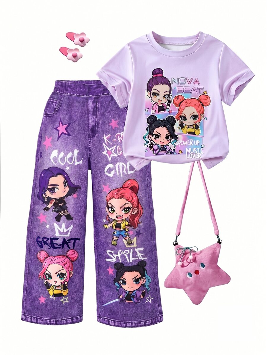 SHEIN 女童2件式T恤套裝,紫色短袖圓領T恤配可愛卡通動漫印花,仿牛仔印花直筒長褲附口袋,夏季兒童時尚套裝,充滿活力夏日氛圍,適合旅行與上學穿著 - 彩色 - 查看 1