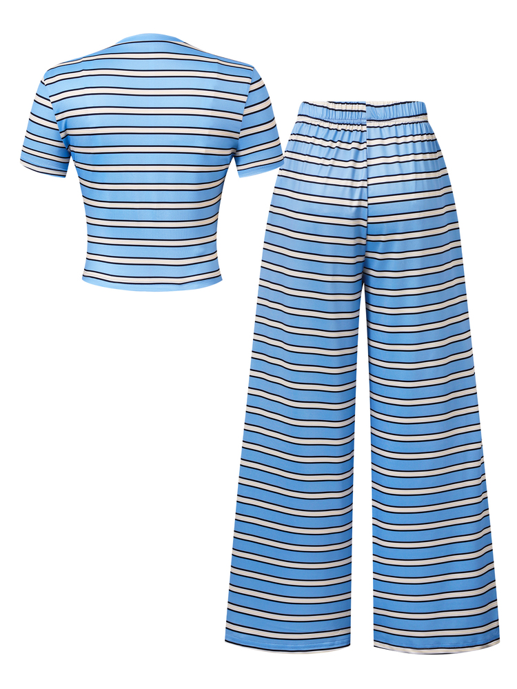 SHEIN 2 Pieces Set: TEEN Girls Blue Striped Short-Sleeve And Long Pants For TeensSimple And Stylish, Perfect For Spring And Summer - Blue - View 8