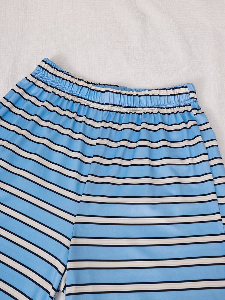 SHEIN 2 Pieces Set: TEEN Girls Blue Striped Short-Sleeve And Long Pants For TeensSimple And Stylish, Perfect For Spring And Summer - Blue - View 6