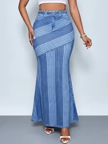 SOLERSUN 優雅休閒牛仔效果中長版 A 字裙，適合春夏，完美搭配時尚度假、派對與生日，藍色條紋 - 彩色 - 查看 7