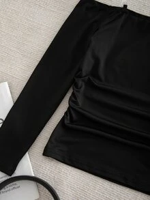 Tween Girl Fall Tops Fall Casual Versatile Solid Color Off-Shoulder T-Shirt, Holiday Outfits, Comfortable, Daily - Black - View 7