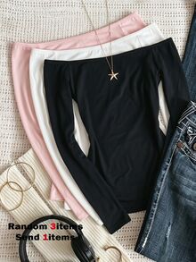 Tween Girl Fall Tops Fall Casual Versatile Solid Color Off-Shoulder T-Shirt, Holiday Outfits, Comfortable, Daily - Black - View 1