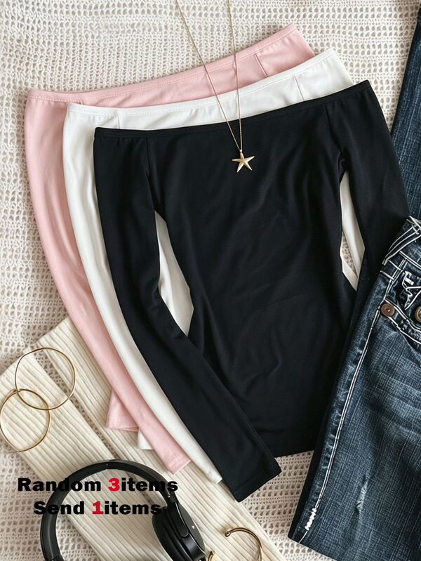 Tween Girl Casual Versatile Solid Color Off-Shoulder T-Shirt